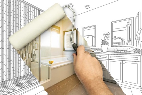 Before and after of man painting roller to reveal newly remodeled master bathroom under pencil