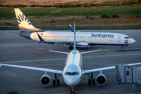 Eurowings Airbus at Terminal 1, C-Gates, Sunexpress Boeing 737 taxiing to the runway, Cologne-Bonn