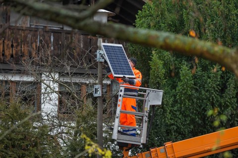 Dismantling of a solar speed display by the building yard, Eckental, Central Franconia, Bavaria,