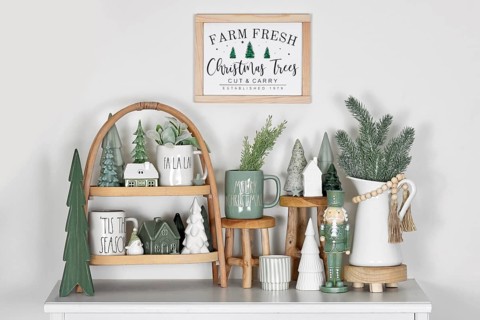 Beautiful farmhouse or boho style Christmas home decoration in trendy white and mint green colors