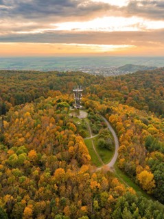 Colourful autumn forest with a tower and vibrant foliage under the sunset sky, Schönbuchturm,