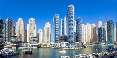 Dubai Marina skyline skyscrapers with yachts skyscrapers living on the water panorama in Dubai,
