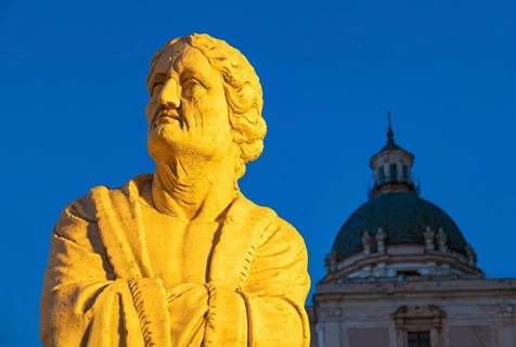 Statue of Praetorian Fountain and the dome of Santa Caterina church by night, Piazza Pretoria,