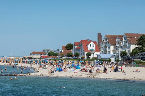 Houses, beach, people, marine memorial, Laboe, Schleswig-Holstein, Germany, Europe