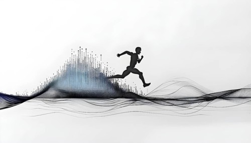 Wave of data points shaping into a runners silhouette, abstract illustration in black and white,