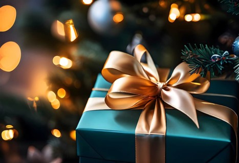 Close-up of a beautifully wrapped Christmas gift with a satin ribbon, set under a glowing Christmas