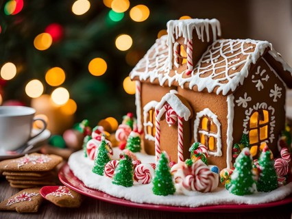 Gingerbread house decorations, focusing on the intricate icing details, colorful candy, and soft,