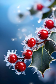 Frosty holly branch with vibrant red berries covered in delicate ice crystals, symbol for upcoming
