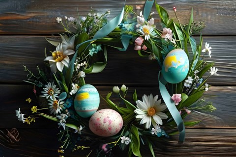 Spring wreath with pastel ribbons, speckled eggs, and blooming flowers, hanging on a wooden