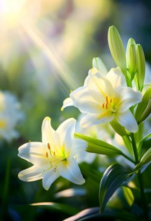Blooming Easter lilies with soft white petals and a yellow center, bathed in gentle sunlight, AI