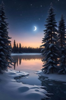 Tranquil winter night scene with a crescent moon and stars shining brightly over a frozen lake,