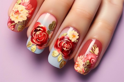 Woman's long fingernails with floral nail art. KI generiert, generiert, AI generated