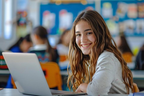 Happy teenager girl child learning with computer notebook in school classroom. Concept for modern