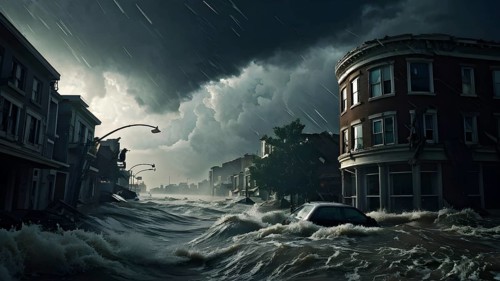 Hurricane with massive water flood battering coastal city, AI generated