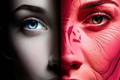 Surrealistic portrait of half face radiating past and present, AI generated
