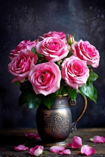 Vase of pink roses aligned on an aged oak wood table, AI generated