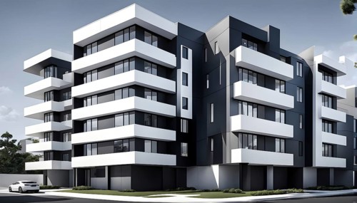 Rendering of a modern real estate apartment building in clean geometric forms in black and white,