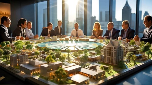 Business professionals engaged with a scale model of miniature houses, AI generated