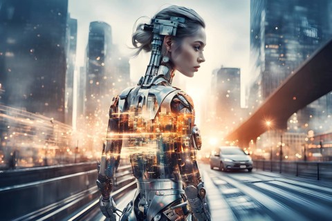 Digital representation of a multiple exposure photograph featuring a cyber human and an urban