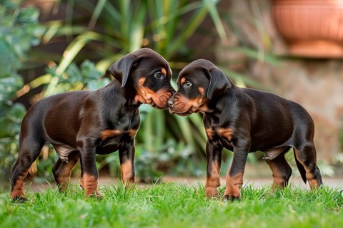 Two cute Dobermann pinscher pups playing together, AI generated