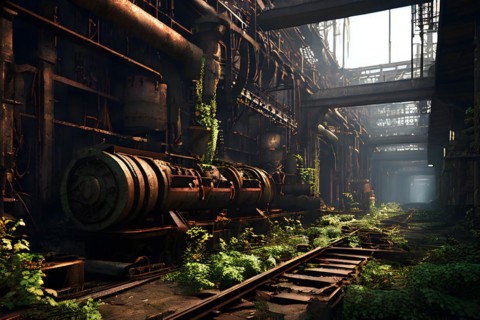 Abandoned factory vines embracing rusted skeletons of machinery whisper of bygone industrial era,