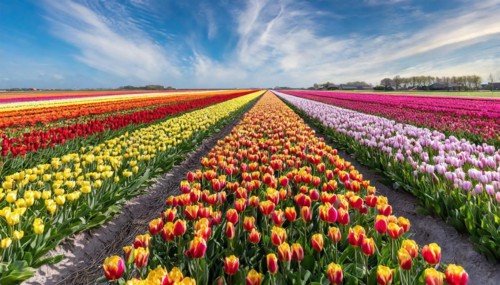 Agriculture, dense, intensely colourful flowering tulip field in Holland, AI generated, AI