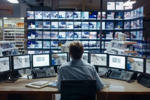 A man sits in a control room with many monitors and monitors various areas in a shopping centre, AI