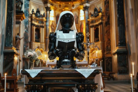 Humanoid with female attributes preaches on behalf of a human priest, female priest, at an altar in