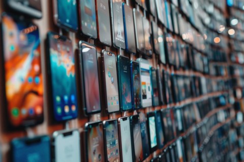 Various used smartphones and mobile phones lined up and fixed to a device. Symbolic image for a