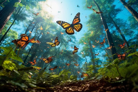 Big group of stylized yellow monarch butterflies flying in a natural forest environment, AI