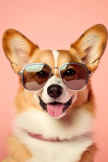 Funny Welsh Corgi dog with sunglasses on pink studio background. KI generiert, generiert, AI