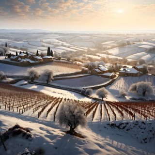 AI generated aerial view of winter in the vineyard with snow blankets dormant vines and ambient