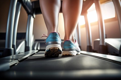Back view of curvy woman's legs on treadmill. KI generiert, generiert, AI generated