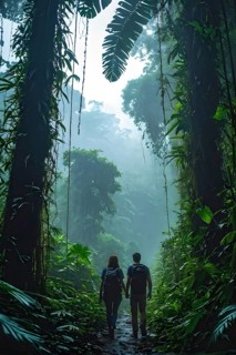 Adventurous couple hiking through dense amazon rainforest, AI generated