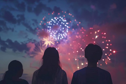 Back view of young people celebrating with fireworks in night sky. Generative Ai, AI generated