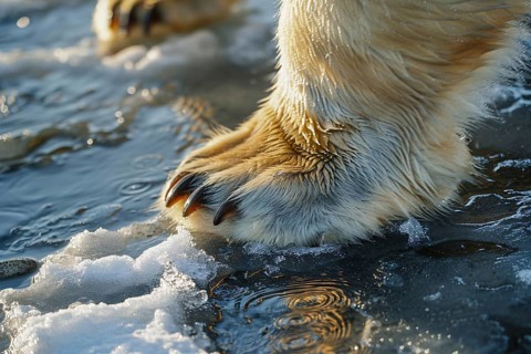Close up of polar bear's paw staning on melting ice. Generative Ai, AI generated