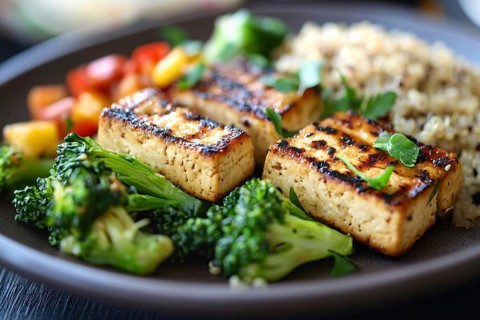 Vegan meal with fried tofu, quinoa and vegetables. Generative Ai, AI generated