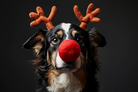 Dog with funny red nose and reindeer costume antlers. Generative Ai, AI generated