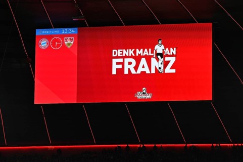 Scoreboard, advert for Denk Mal an Franz Beckenbauer, Kurt Landauer Foundation, Allianz Arena,
