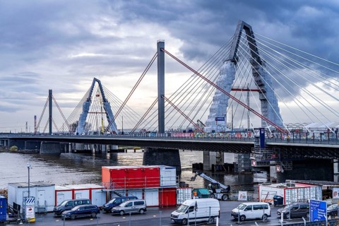 New construction of the A1 motorway bridge over the Rhine near Leverkusen, after completion of the