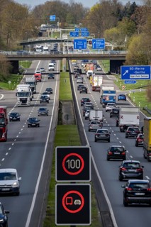 Motorway A40, Ruhrschnellweg, near Bochum, dense traffic, in front of the motorway junction Bochum,
