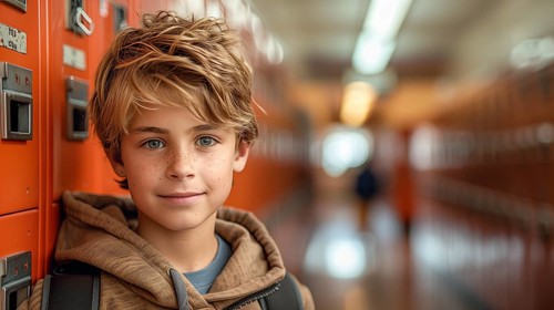 Cute caucasian school boy in the hallway of his school. generative AI, AI generated