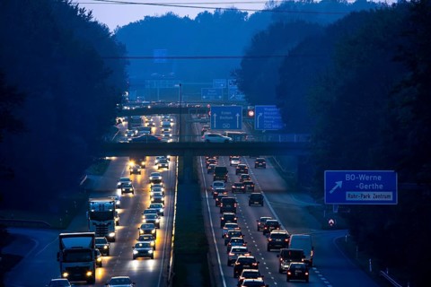 Motorway A40, Ruhrschnellweg, near Bochum, heavy evening traffic, in front of the motorway junction