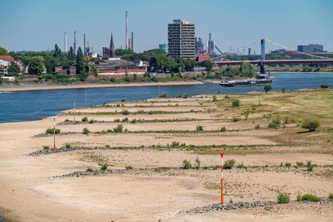 Rhine at Duisburg, extremely low water, Rhine level at 168 cm, falling, after the long drought the