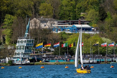 Lake Baldeney, reservoir of the Ruhr, regatta tower, regatta grandstand, catering above the lake,