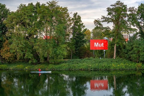The Rhine-Herne Canal in Gelsenkrichen, art project Bilder am Kanal, courage, panel no. 9/15,