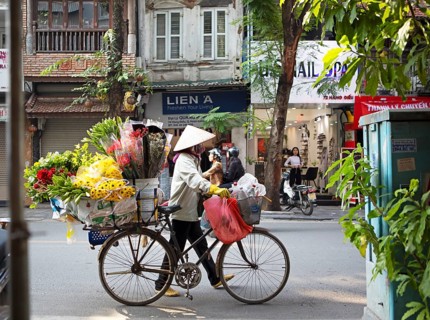Vietnamese flower seller with conical hat and bicycle in the Old Quarter of Hanoi, Vietnam, Asia
