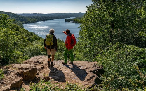 Hiking on the Baldeney Steig, a hiking trail around Lake Baldeney in Essen, a Ruhr reservoir, over