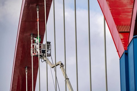 A42 motorway bridge, over the Rhine-Herne Canal, with massive structural damage, workers, with