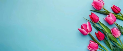 Tulips on blue background. Women holiday or mothers day. Happiness gift, AI generated